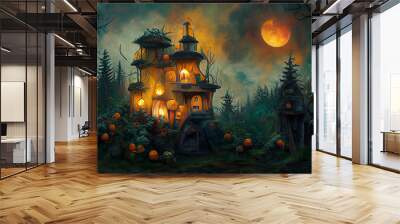 Digital art of a haunted house in a foggy forest at Halloween. Wall mural