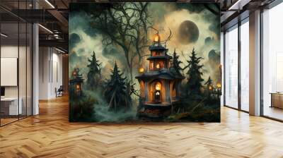 Digital art of a haunted house in a foggy forest at Halloween. Wall mural