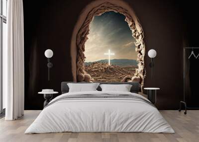 Empty tomb, resurrections of Jesus Christ. Easter themed image.  Wall mural