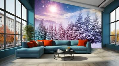 Fairy-tale winter landscape and cottage in woods at winter. Christmas concept. Wall mural