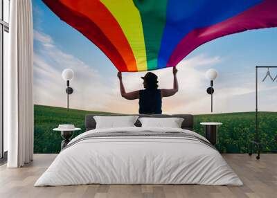 Gay Rainbow Flag on a green meadow outdoors Wall mural