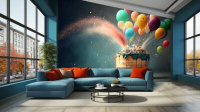 Generative Ai of a birthday cake and balloons.  Wall mural