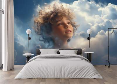 Generative ai of a child with the head in the clouds.  Wall mural