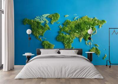 Generative AI of a flat world map created from moss and greenery against blue background representing water.  Wall mural