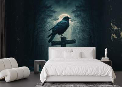 Generative AI of black crow emerging from smoke in a dark forest at full moon.	 Wall mural