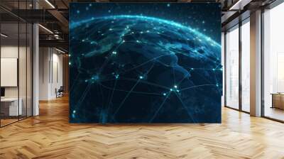 Generative AI of connection dots and lines around the Earths surface representing future technology.  Wall mural