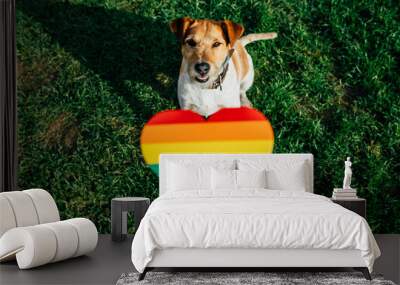 Hand holding a hearth shape with LGBTQ rainbow colors and a dog in the background.  Wall mural