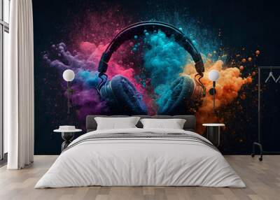 Headphone and  vivid color powder. Creative music and festival concept. Generative Ai.  Wall mural