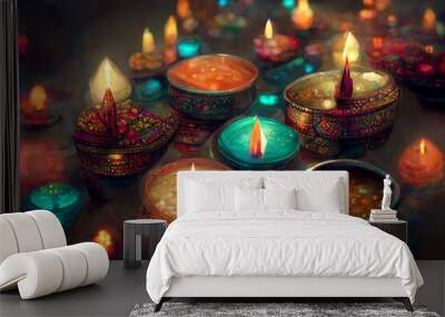 Illustration of colorful candles at Diwali, the festival of lights.  Wall mural