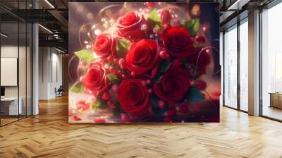 illustration of a bouquet of red roses ready to give as a gift Wall mural