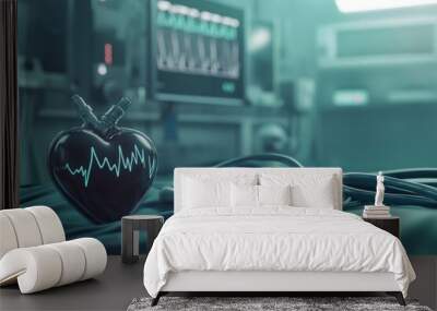 A close-up of a heart beating, with advanced medical equipment and technology in the background, symbolizing the vital role of healthcare services and innovation in medicine, set in a clinical environ Wall mural