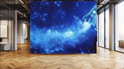 A Woman Conjures a Cosmic Rocket Launch from Her Smartphone into the Starry Night, Generative AI Wall mural