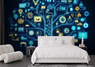 Abstract Digital Tree Composed of Icons Representing Business, Technology, and Creativity, Symbolizing Growth and Innovative Business Ideas. The Design Illustrates the Interconnection Between Modern B Wall mural