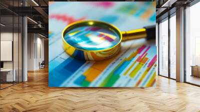 Cartoon illustration of a magnifying glass overlaid on paper background, analyzing data as part of a financial concept. This image emphasizes the importance of scrutiny and financial analysis Wall mural