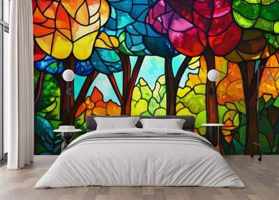 Colorful stained glass style illustration of a vibrant autumn forest, showcasing bright autumn colors, detailed glass art design, and artistic expression. Vibrant fall foliage and colorful trees highl Wall mural