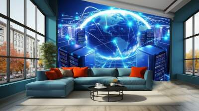 Digital concept of Earth connected with servers, symbolizing global data networks, technology, and the power of connectivity in the modern world, Generaitve AI Wall mural