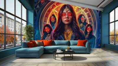 Futuristic Group: Young Women with Red Eyes and Glasses in a Surreal, Sci-Fi Setting, Blending Modern Fashion and Mystical Elements, Generative AI Wall mural