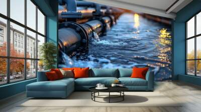 Industrial water pipes with flowing water at sunset, highlighting the engineering and infrastructure of modern water supply systems Wall mural