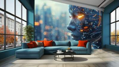 Integration of Artificial Intelligence in the Professional Landscape Symbolizing Synergistic Partnership Between Human Skills and AI Innovation in Modern Workplace Wall mural