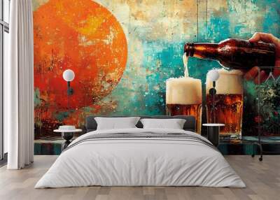 A hand pours beer into two glasses against an artistic backdrop of vibrant colors. Wall mural