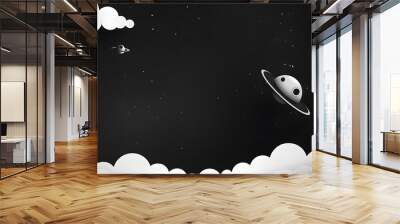 A playful black and white illustration of a space scene with planets, a rocket, and whimsical clouds, perfect for a child's imagination Wall mural