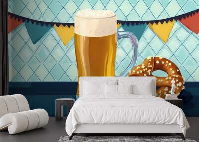 A refreshing pint of beer beside a soft pretzel on a festive table. Wall mural