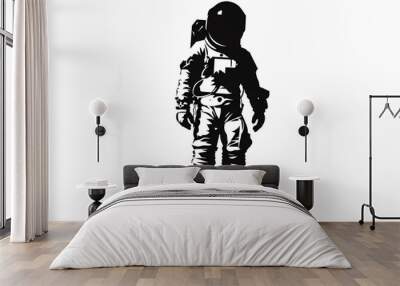 A silhouetted astronaut stands against a white background, symbolizing exploration. Wall mural