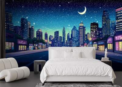 A vibrant city skyline at night with twinkling stars and a crescent moon. Wall mural