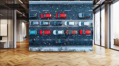 Aerial view of a winter traffic jam with snow-covered cars in multiple colors. Wall mural