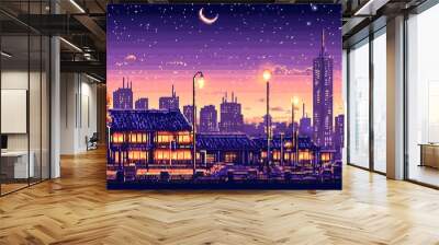 Charming pixel art scene of a tranquil city at night with a crescent moon. Wall mural