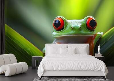 Close-up of a vibrant green frog with striking red eyes perched on a leaf. Wall mural