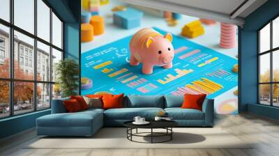 Colorful piggy bank on a financial report with vibrant stationery, symbolizing savings. Wall mural