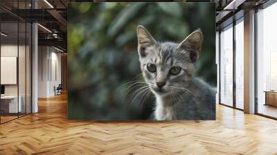 Curious cat attentively gazes in a lush green garden, bathed in soft natural light. Wall mural