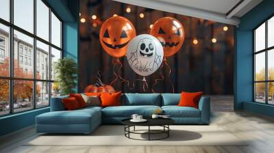 Festive Halloween balloons with spooky faces and a decorated pumpkin on a rustic wooden table. Wall mural