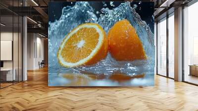 Fresh orange halves splash into water, creating vibrant droplets and ripples. Wall mural