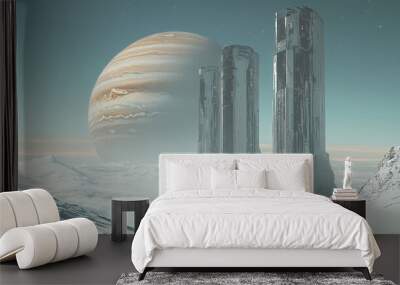 Futuristic landscape with towering structures against a Jupiter backdrop. Wall mural