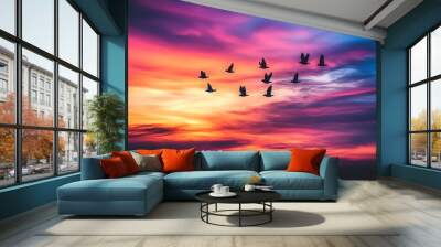 Silhouetted birds flying against a vibrant sunset sky. Wall mural