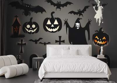 Spooky Halloween illustrations with pumpkins, bats, ghosts, and haunting elements on dark background Wall mural