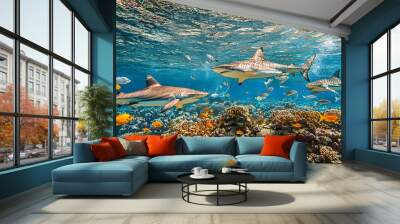 Three majestic sharks swimming gracefully through vibrant coral reef waters. Wall mural