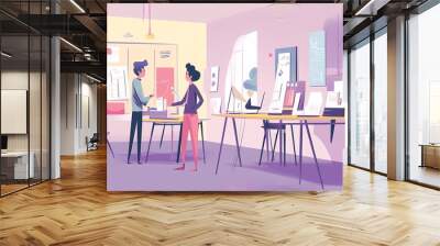 Two diverse individuals collaborating in a modern workspace. Wall mural