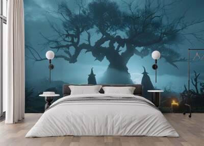 Two witches gather around a massive eerie tree in a foggy forest lit by candlelight. Wall mural