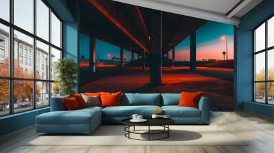 Urban night scene with vibrant shadows and colors under a highway overpass. Wall mural