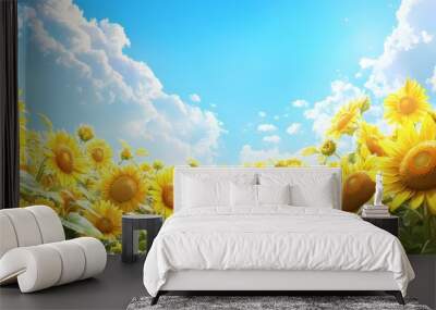 Vibrant sunflowers under a bright blue sky on a sunny day. Wall mural