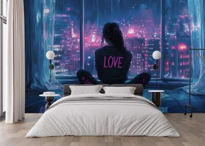 Young Asian woman sitting by a window, illuminated by neon city lights, reflecting on love. Wall mural