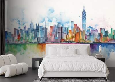 Rainbow Aquarelle Silhouette of Hong Kong's Iconic Cityscape, Showcasing Victoria Peak, Tian Tan Buddha, and the Vibrant Tapestry of Chinese Culture Wall mural