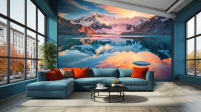 sunrise over the glacial lake with still water reflections. Wall mural