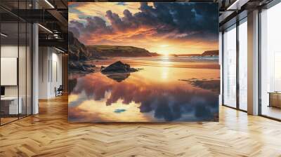 sunset over the sea on a rocky Cornish beach Wall mural