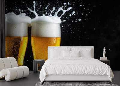 Two Beer Glasses Clinking Together with Foam Splashes, Isolated on a Dark Background, Capturing a Cheers Moment in a High-Quality Stock Photo Wall mural