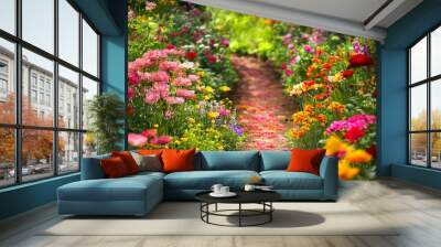 Vibrant garden path adorned with diverse varieties of flowers, creating a colorful and immersive natural setting with layers of blooms that add depth and beauty. Bright floral arrangements and natural Wall mural