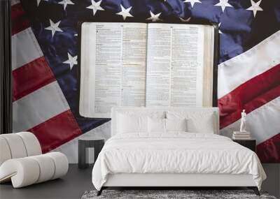 Closeup shot of the Bible open in pages put on the American flag - perfect for praying concept Wall mural